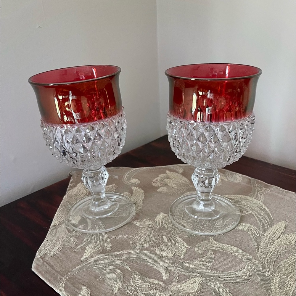 Indiana Glass Ruby Red Diamond Point Set Of 2 Wine Glasses